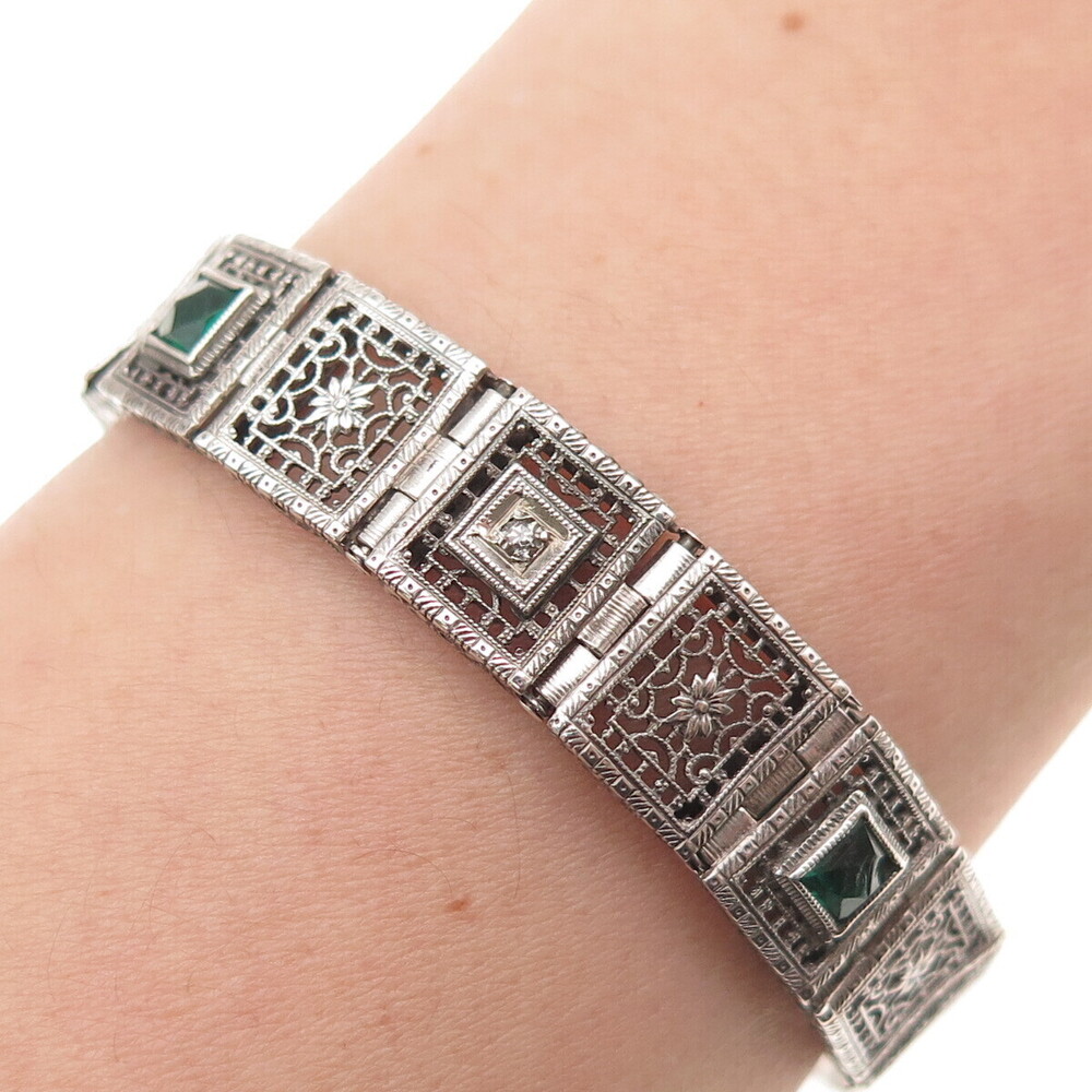 Sterling Antique Rhinestone Real Diamond Filigree Bracelet 7.25" (broken link)